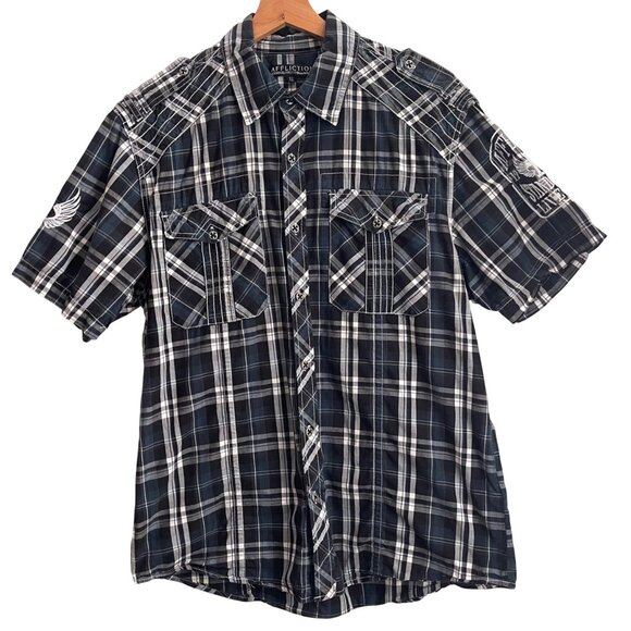 Affliction Mens Y2K Grunge Plaid Button Up Shirt Size XL Embroidered Graphic Alt - Picture 2 of 13